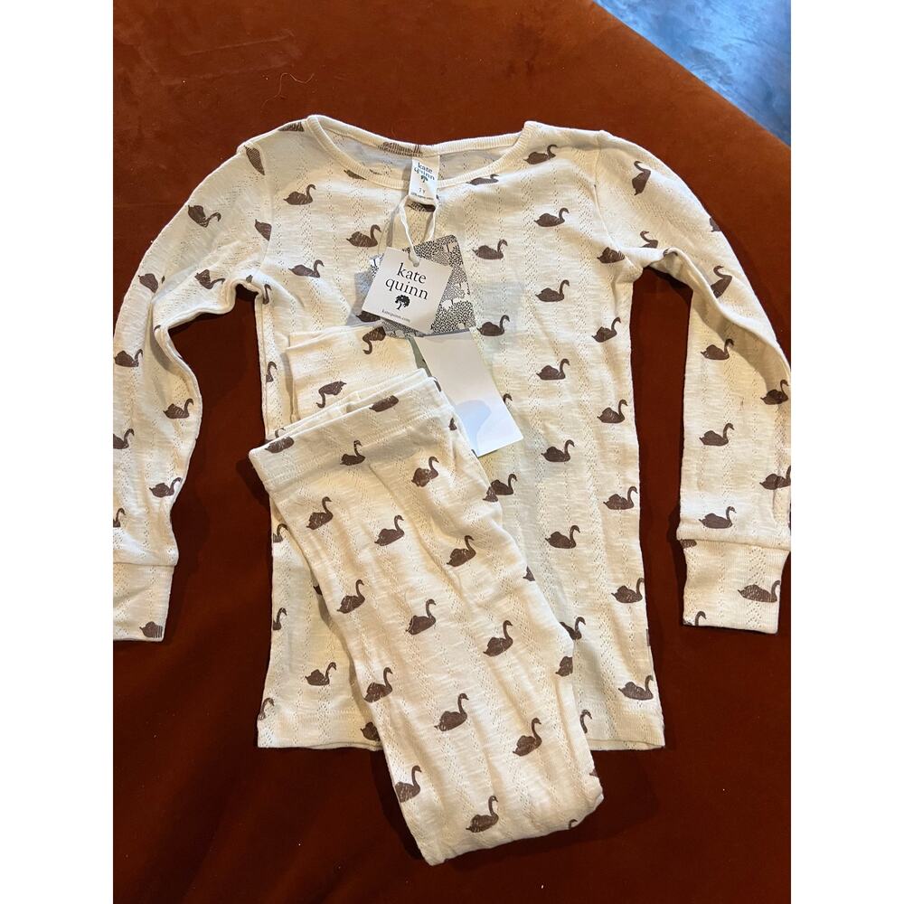NWT Kate Quinn Cream Swans White Pointelle Long Sleeve Pajama Set Organic 7Y